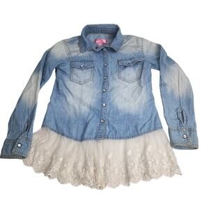 Say What? Denim Lace Chambray Button Up Top Shirt Girl's Size Small 7/8